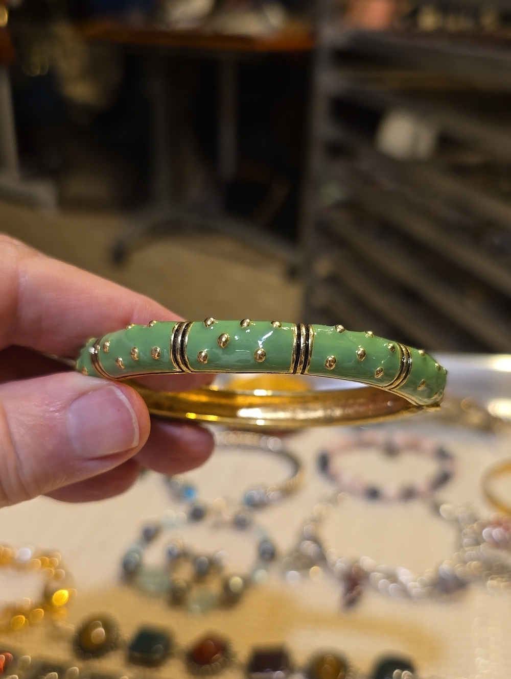 Gold-Tone Green Enamel Hinged Bangle Bracelet